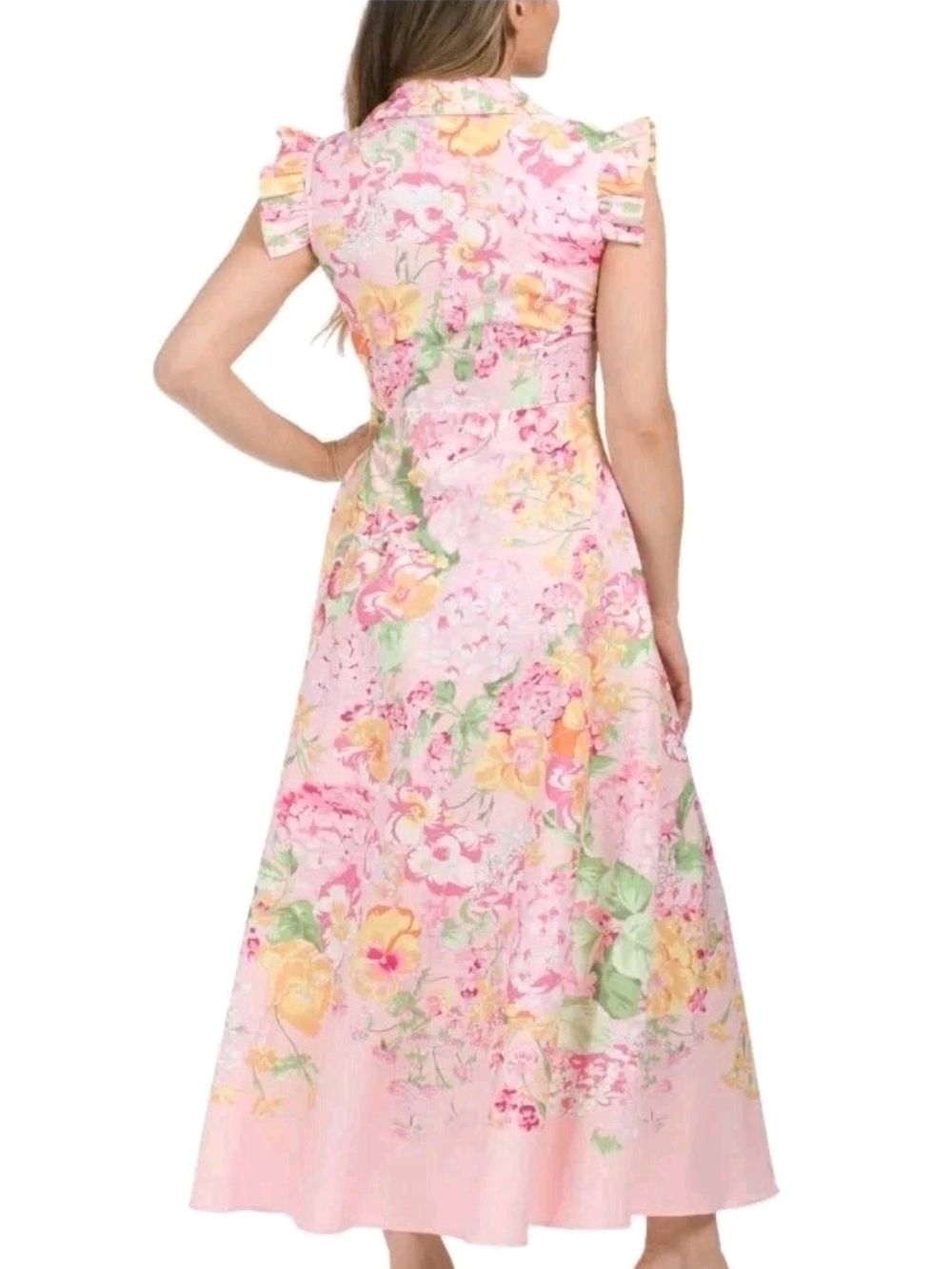 Nwt Large & Medium Dalia Macphee Pink Floral Midi Dress with Collar & Ruffle - Picture 5 of 17